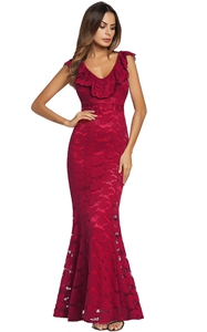 SZ60143-1 Deep V-Neck Flounce Lace Plain Mermaid Evening Dress